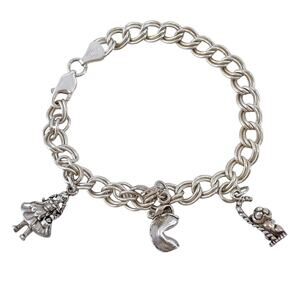 Italy Double Link Chain Bracelet | Vintage Sterling Silver 925 3 Charms | 7.25"